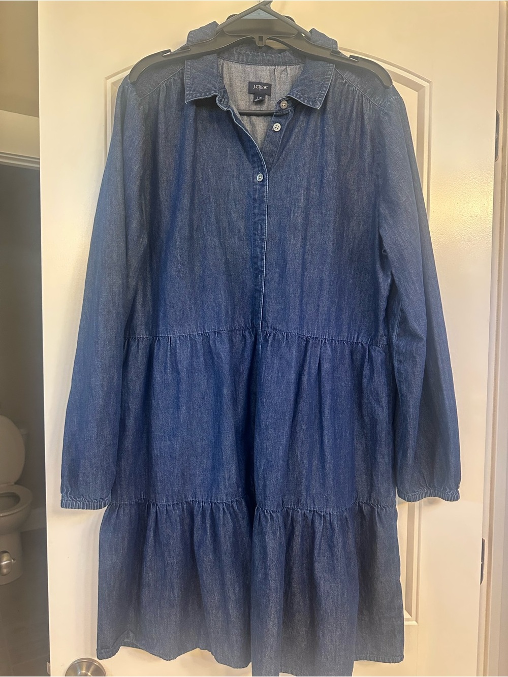 J. Crew Dark Blue Denim Tiered Long-Sleeve Shirt Dress